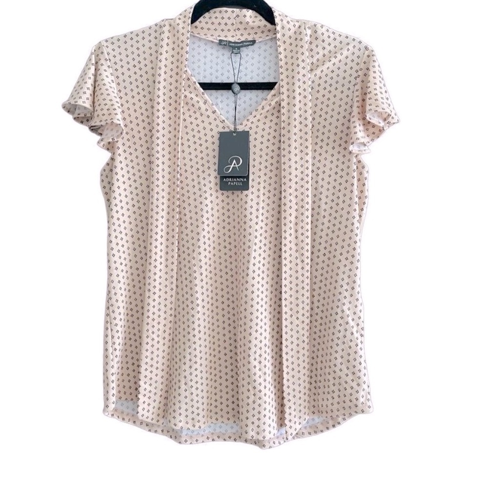 Adrianna Papell Tie Neck Flutter Sleeve Size Small-Creme w/Blk and red print - Picture 6 of 9